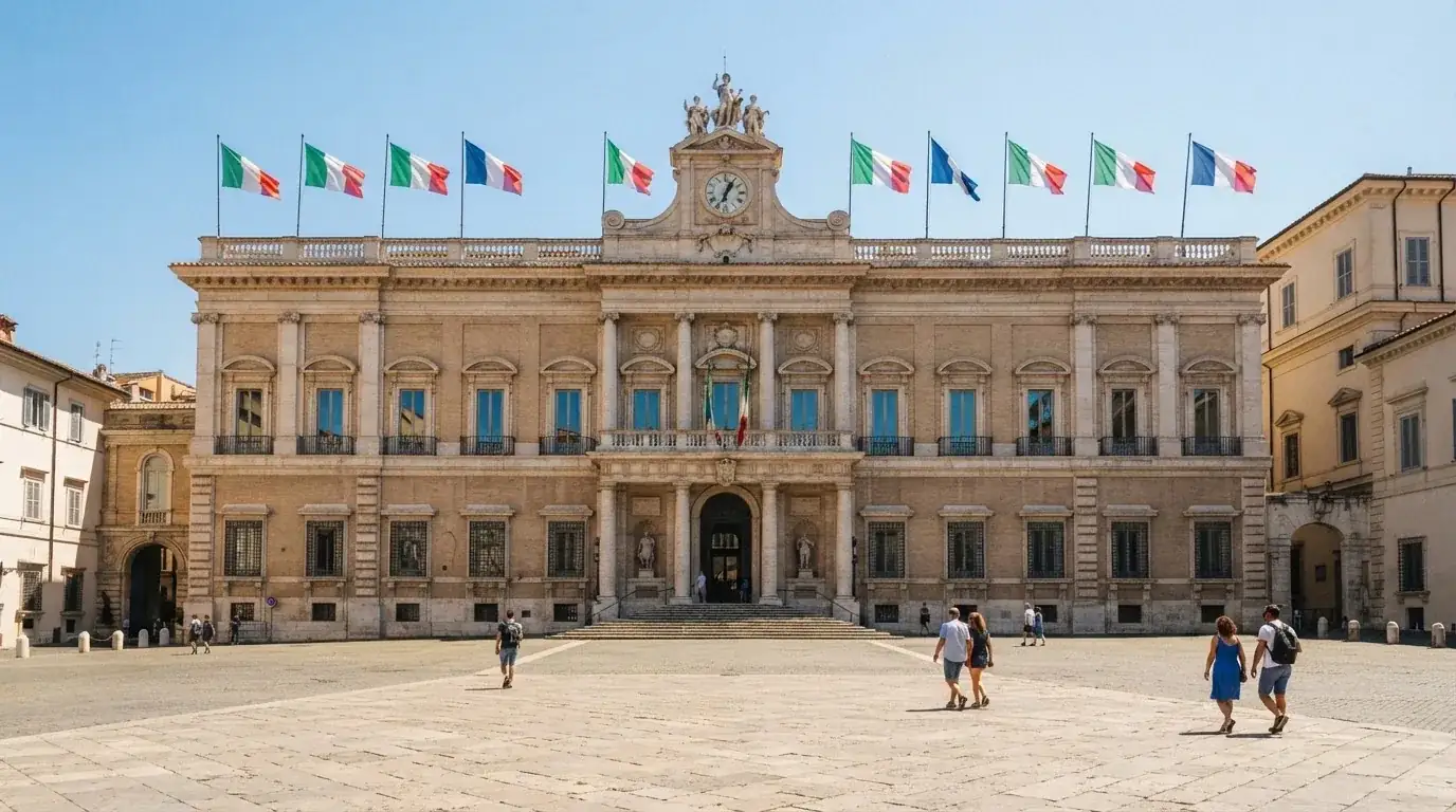 Palazzo istituzionale con bandiere al vento in una piazza soleggiata — 100 giri gratis senza deposito