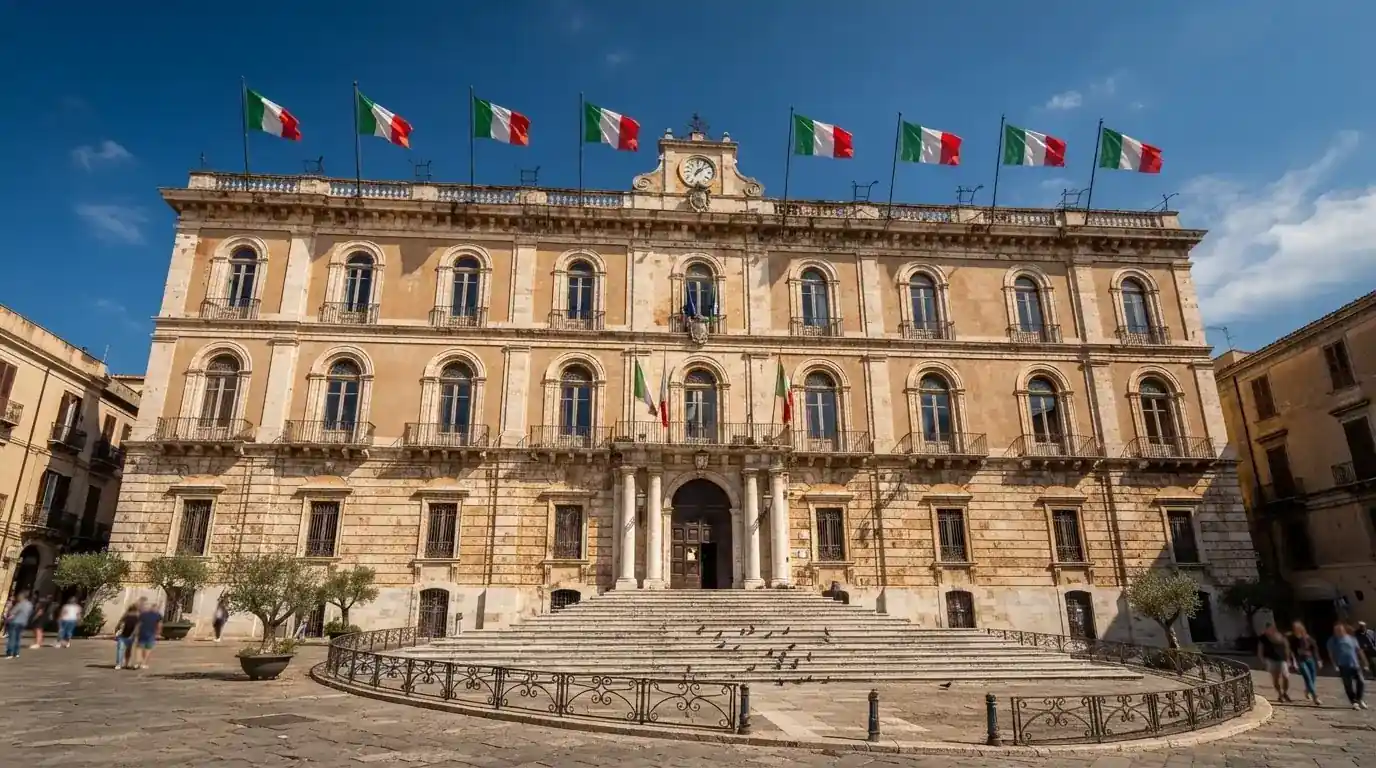 Palazzo istituzionale con bandiere al vento in una piazza soleggiata — 25, 30, 50, 100, 200 giri gratis senza deposito