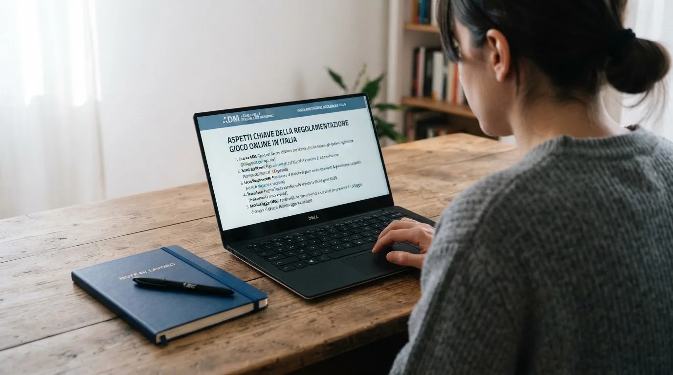 Persona davanti a un portatile che legge una pagina informativa sul gioco online in Italia — 50 free spins senza deposito