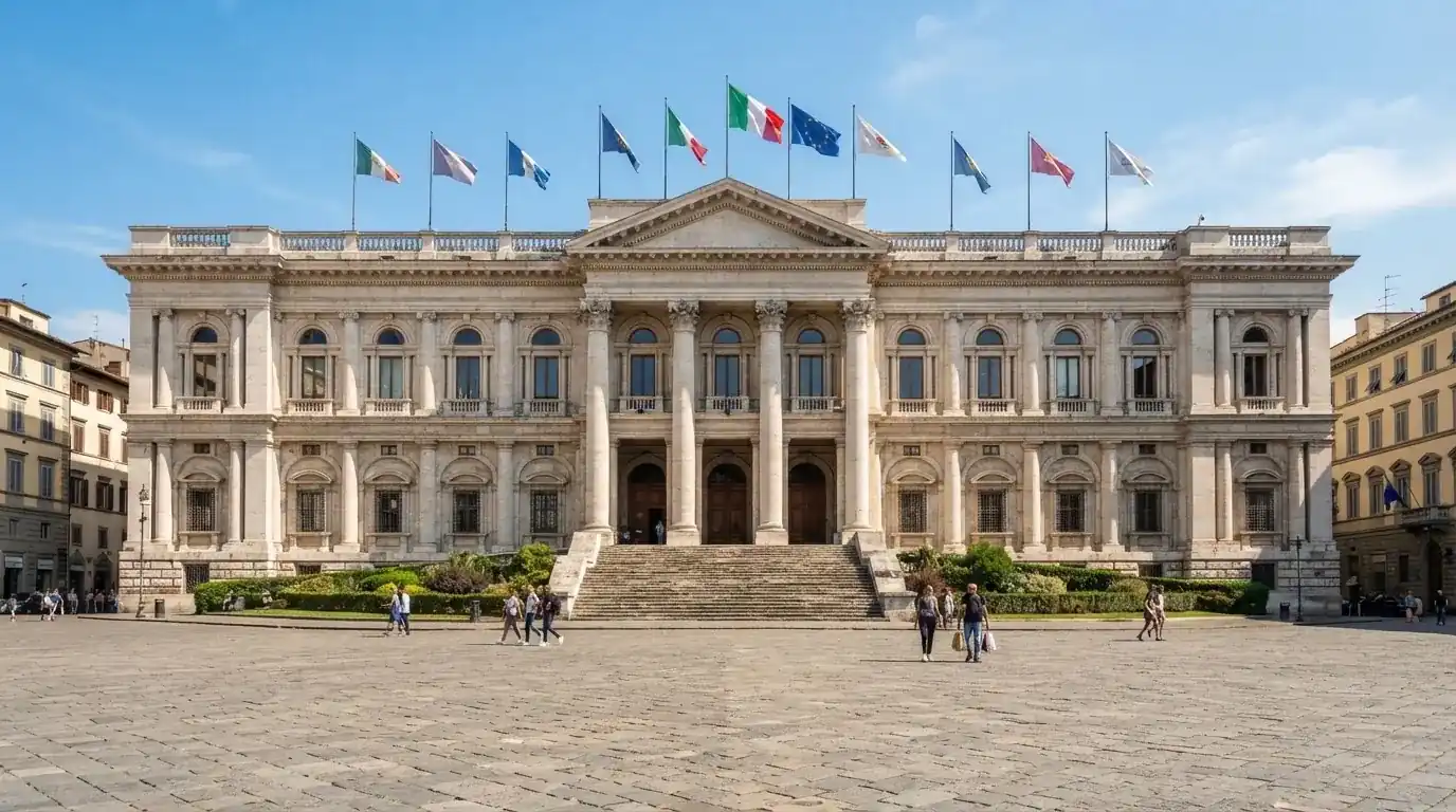 Palazzo istituzionale con bandiere al vento in una piazza soleggiata — 50 free spins senza deposito