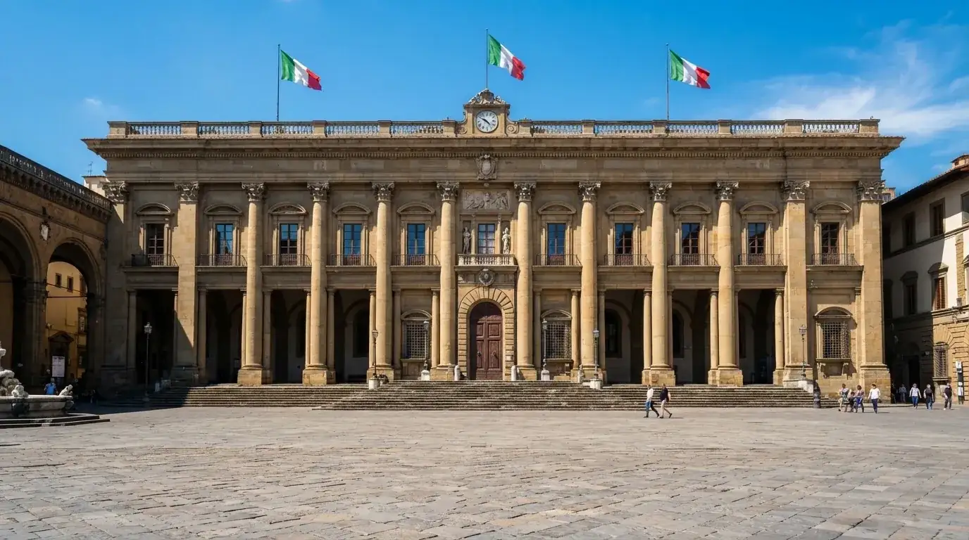 Palazzo istituzionale con bandiere al vento in una piazza soleggiata — casinò che accettano bitcoin