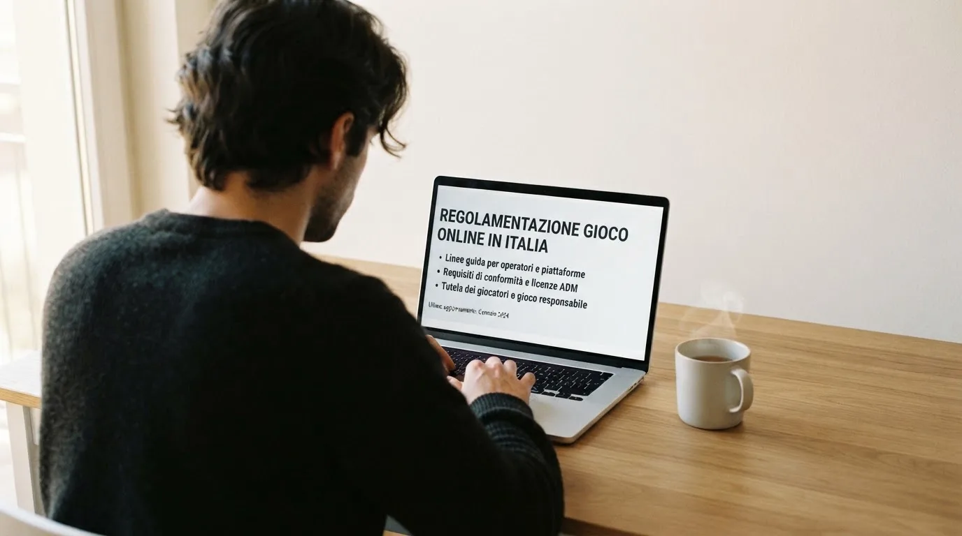 Persona davanti a un portatile che legge una pagina informativa sul gioco online in Italia — casino com app android