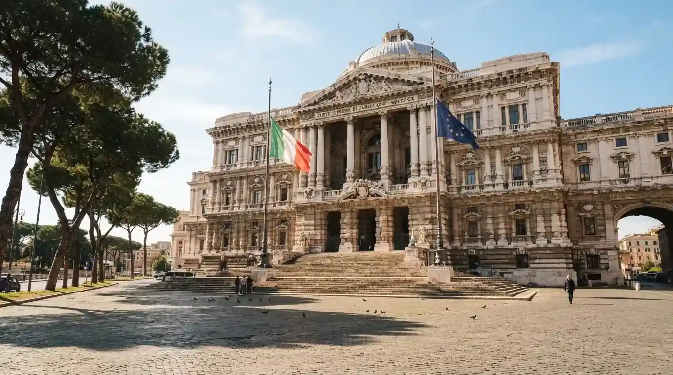 Palazzo istituzionale con bandiere al vento in una piazza soleggiata — casino com app android