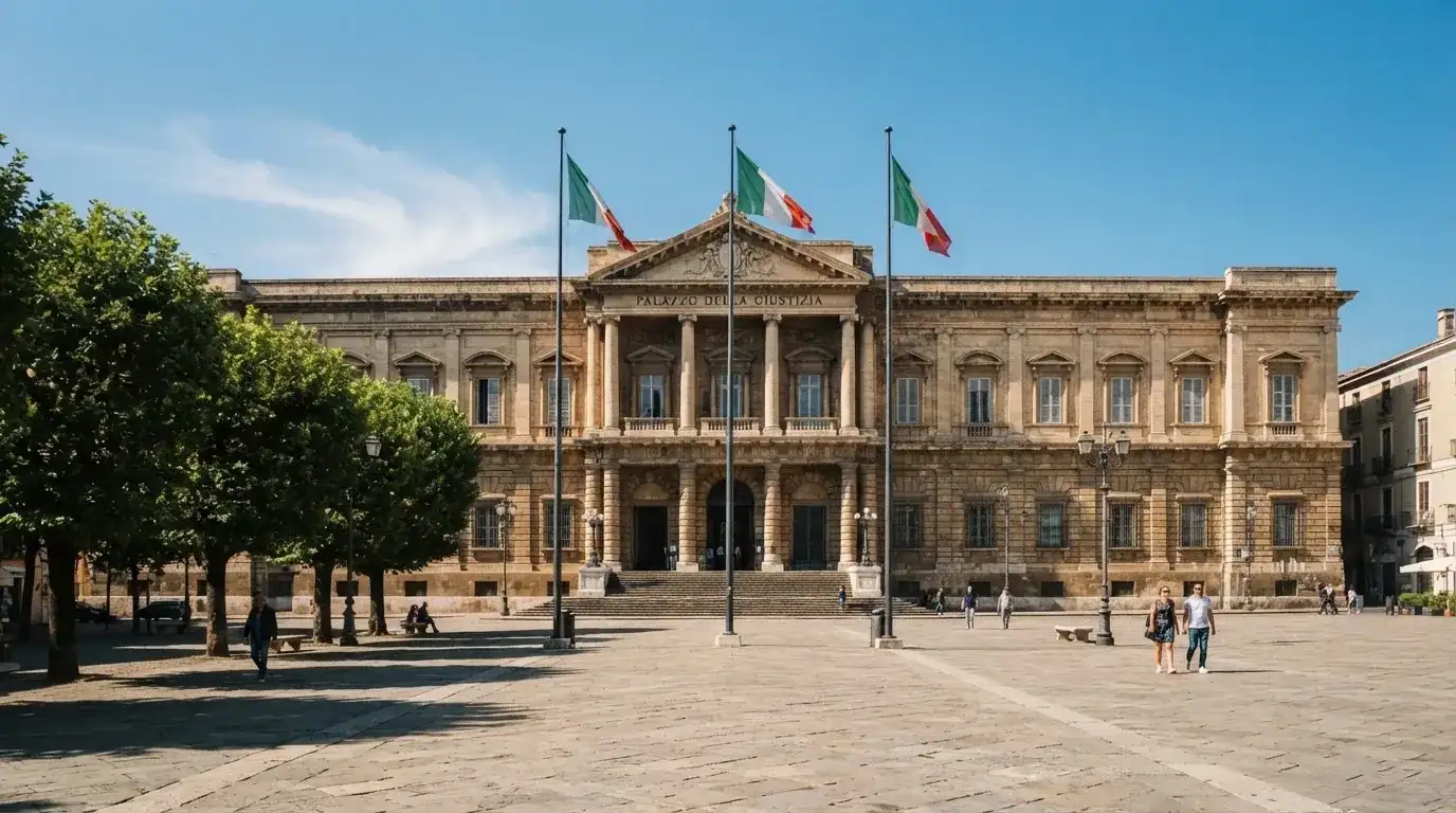 Palazzo istituzionale con bandiere al vento in una piazza soleggiata — casino com app iphone