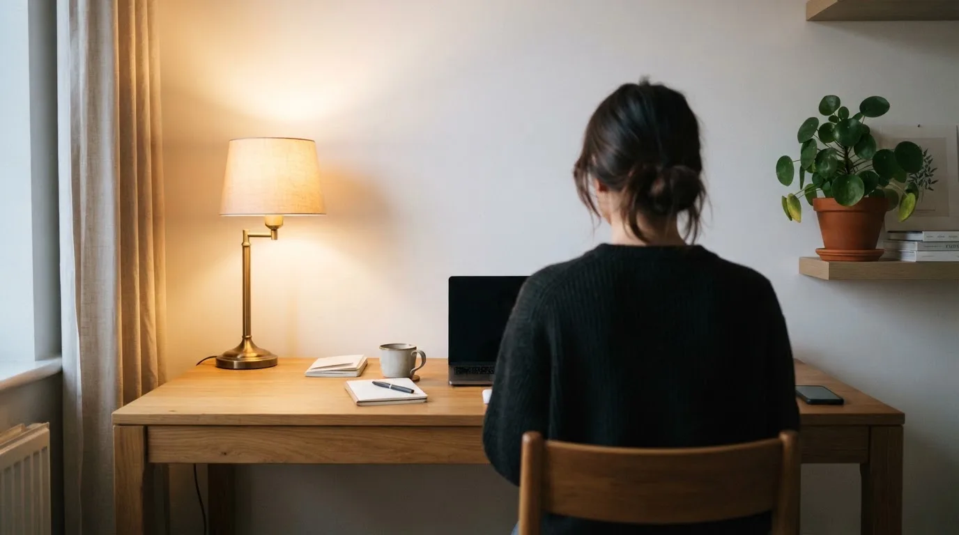 Una persona seduta a una scrivania minimalista con un laptop chiuso e una lampada accesa in un ufficio domestico ordinato.