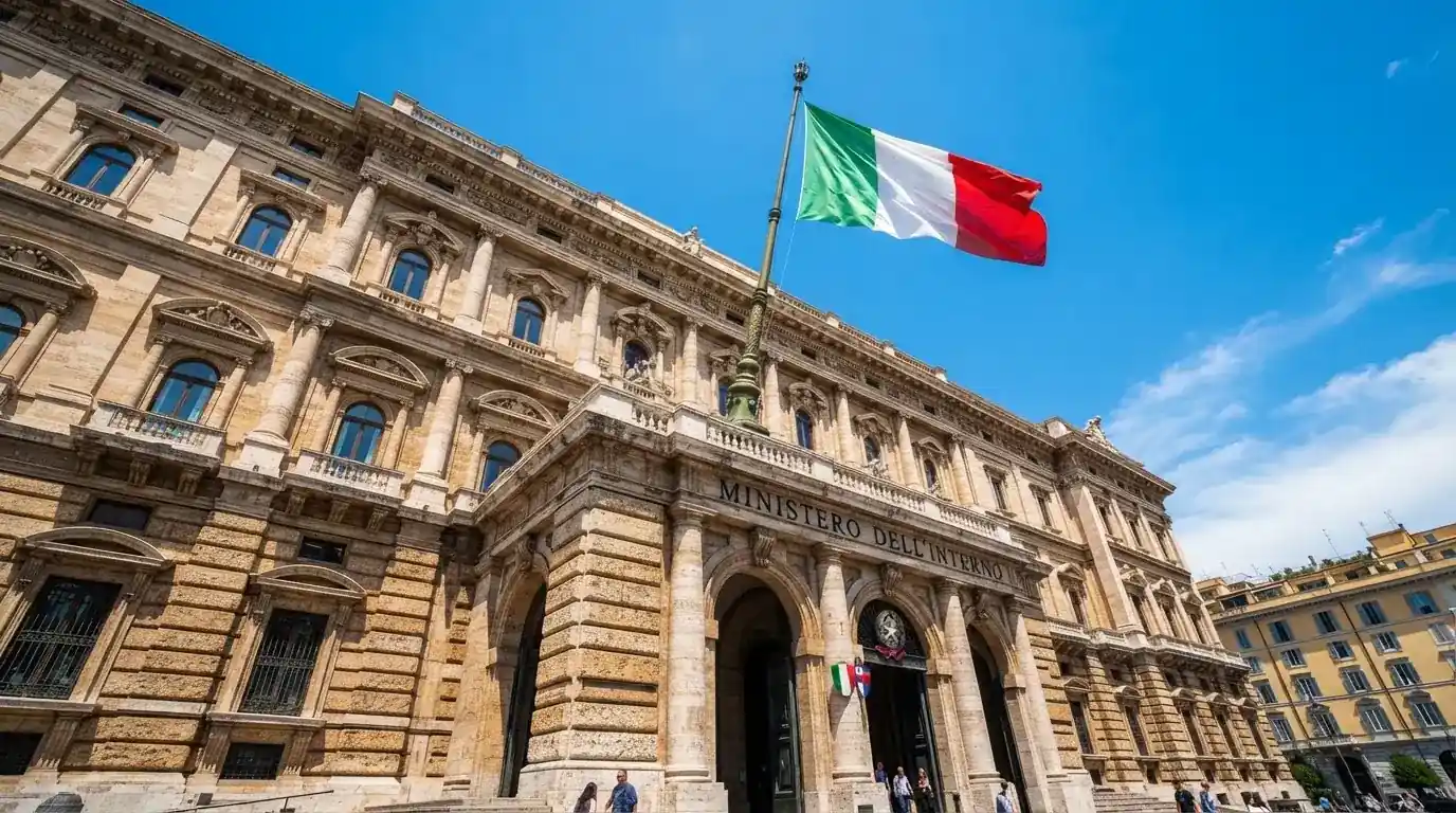 Un edificio governativo italiano con bandiera al vento fotografato dal basso in una giornata di sole.