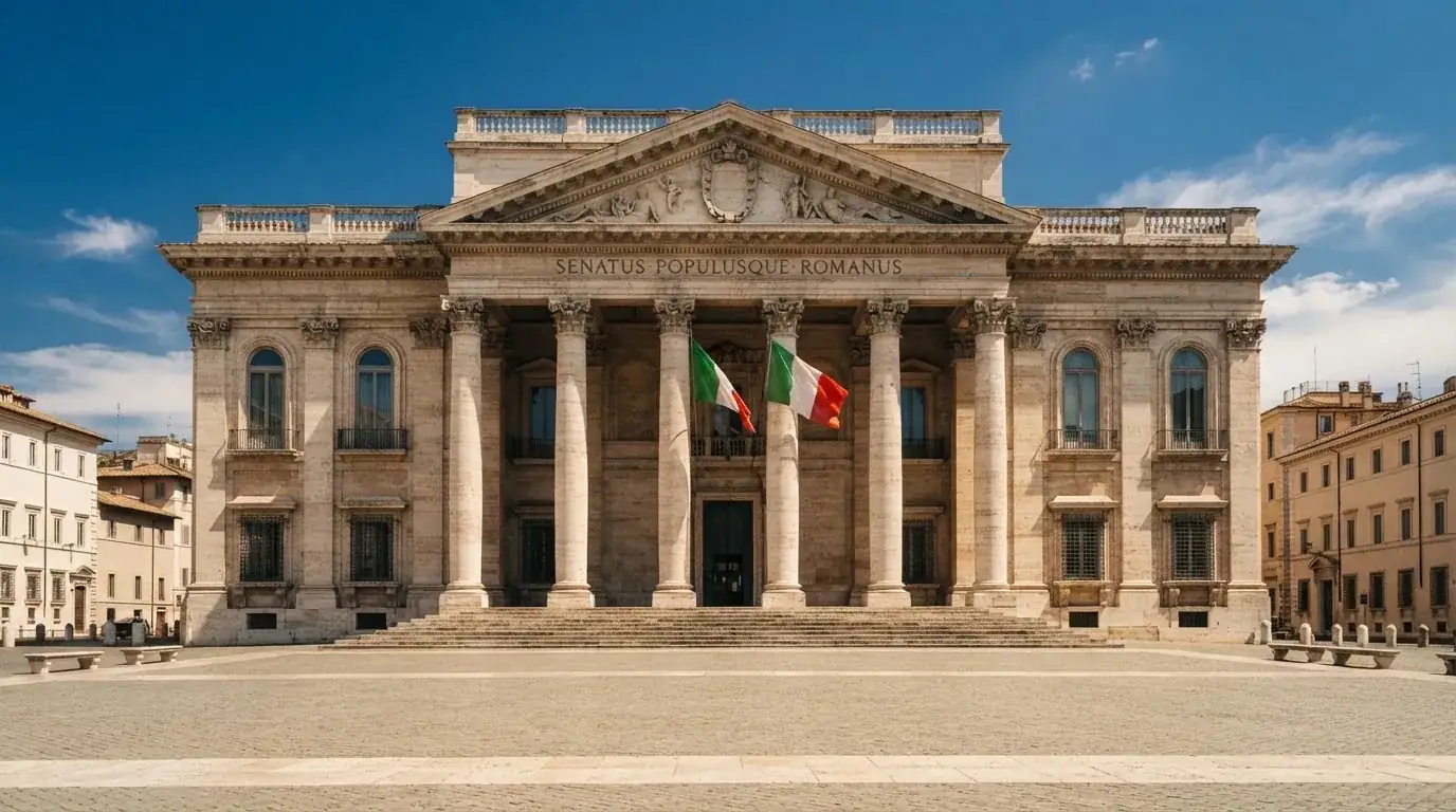Palazzo istituzionale con bandiere al vento in una piazza soleggiata — casino dal vivo online
