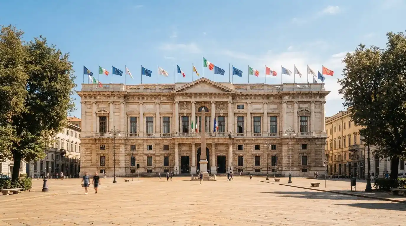 Palazzo istituzionale con bandiere al vento in una piazza soleggiata — casino deposito minimo 1, 5, 10 e 20 euro