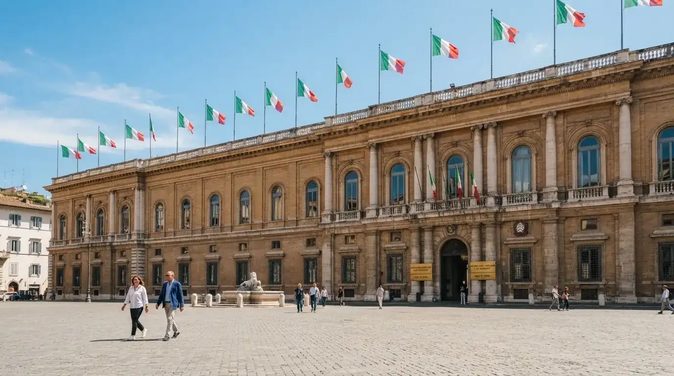 Palazzo istituzionale con bandiere al vento in una piazza soleggiata — casino deposito minimo 1 euro
