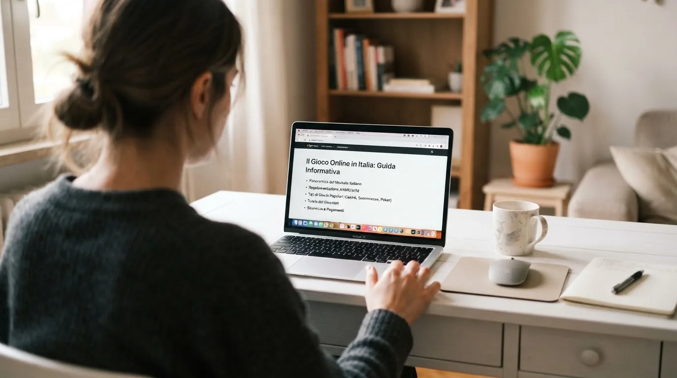 Persona davanti a un portatile che legge una pagina informativa sul gioco online in Italia — casino deposito minimo 10 centesimi