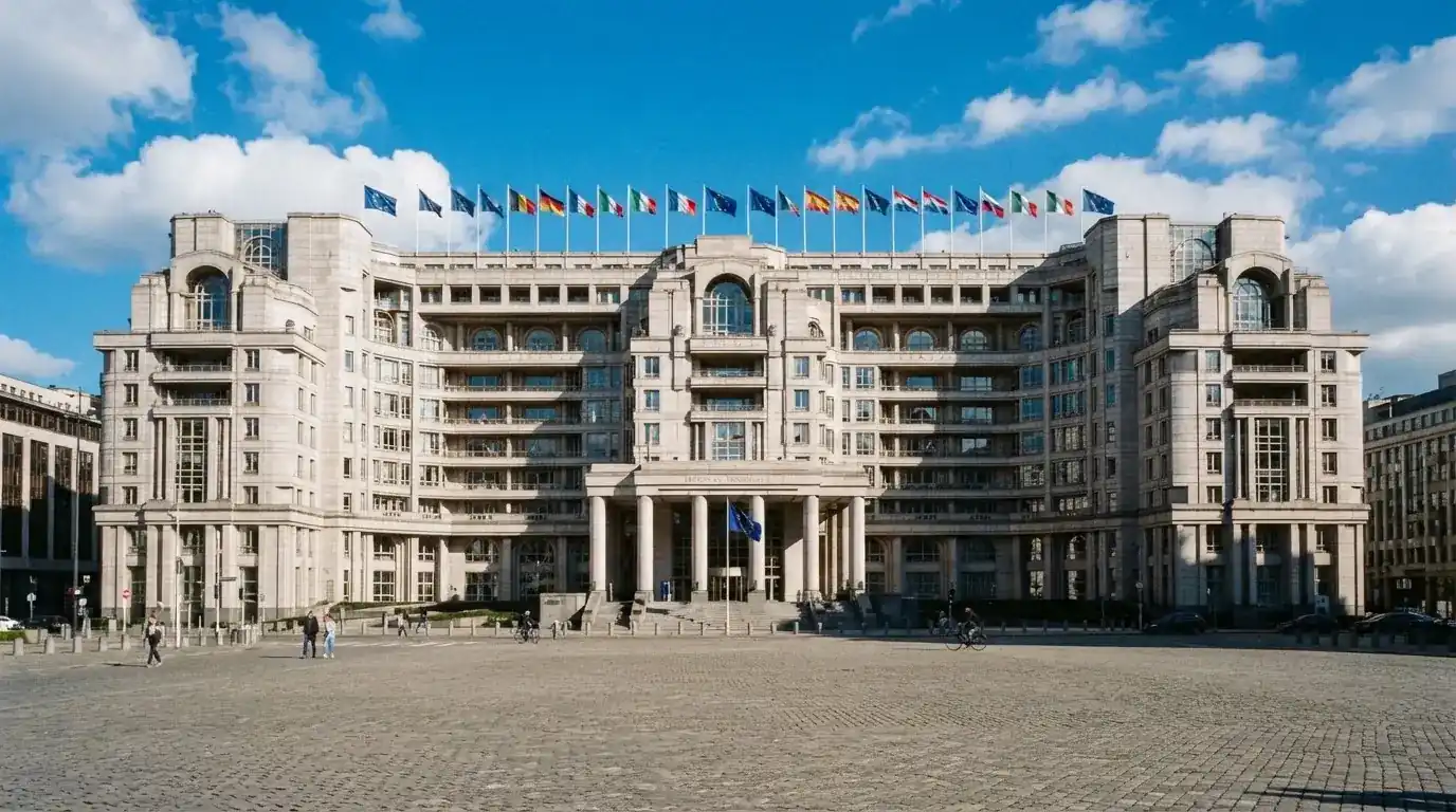 Palazzo istituzionale con bandiere al vento in una piazza soleggiata — casino deposito minimo 10 centesimi