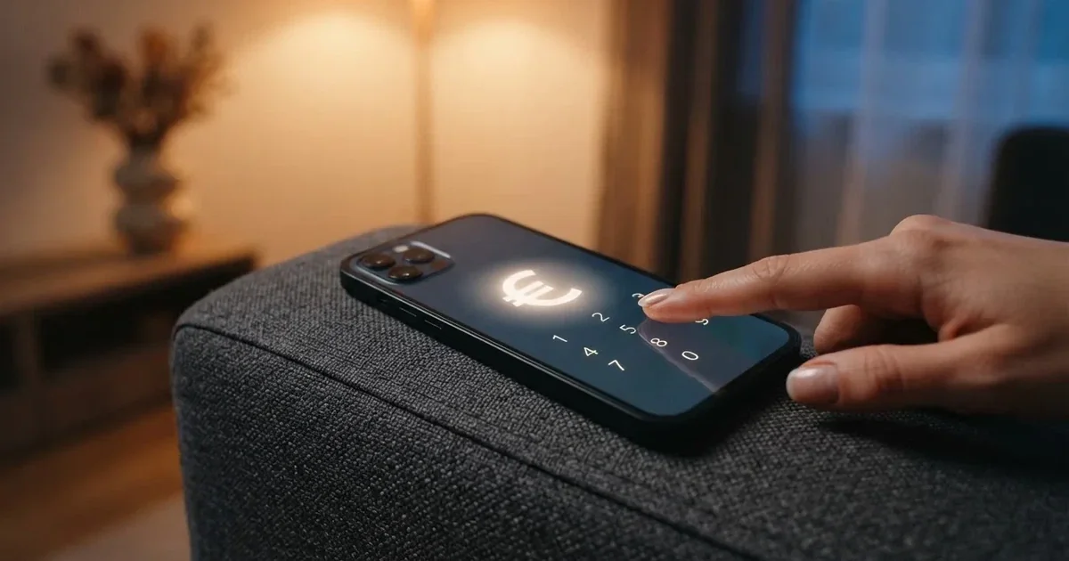 Una mano preme delicatamente lo schermo di uno smartphone tenuto sul bracciolo di un divano, in un soggiorno moderno con luce calda serale.