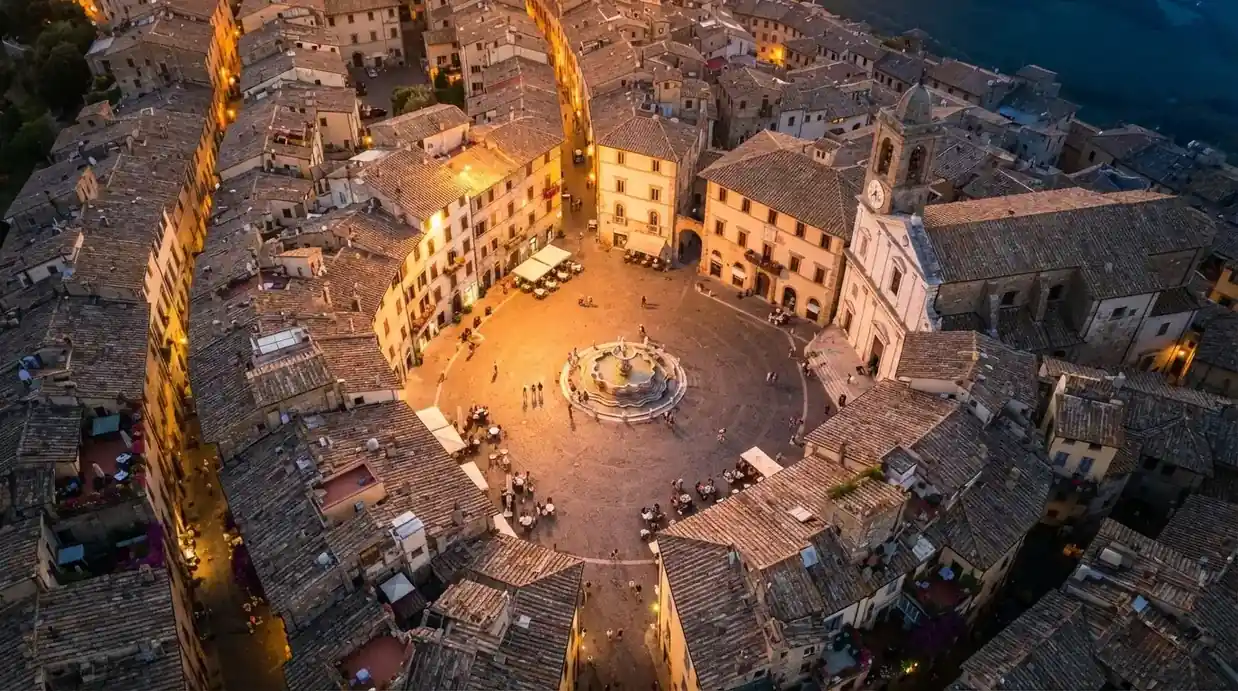 Vista dall'alto di una città italiana al tramonto, con luci che si accendono nelle finestre degli edifici lungo una via trafficata.