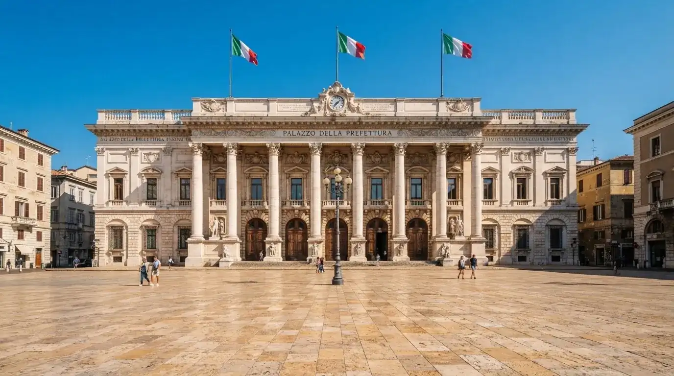 Palazzo istituzionale con bandiere al vento in una piazza soleggiata — casino metodi di pagamento italia
