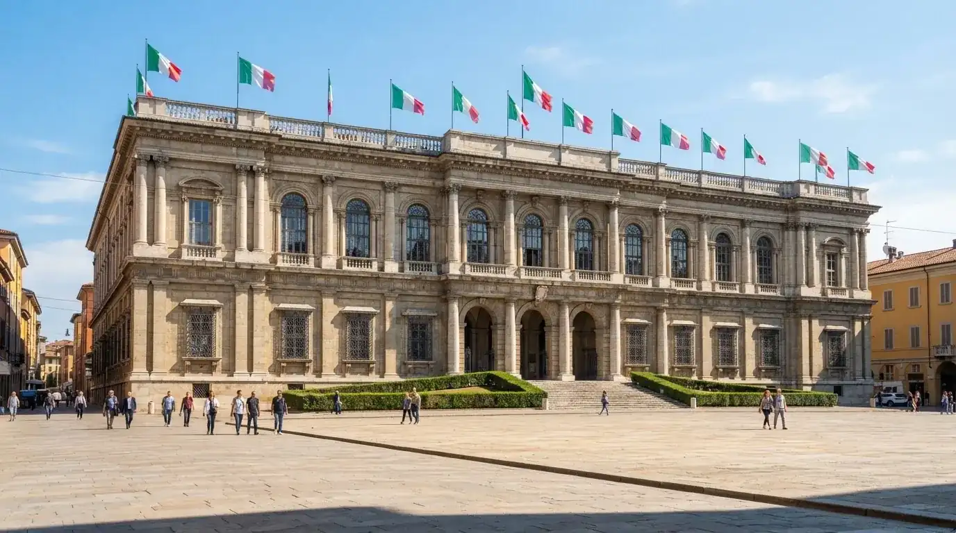 Palazzo istituzionale con bandiere al vento in una piazza soleggiata — casino non aams affidabili
