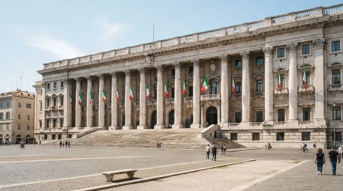 Palazzo istituzionale con bandiere al vento in una piazza soleggiata — casinò non aams che accettano dogecoin