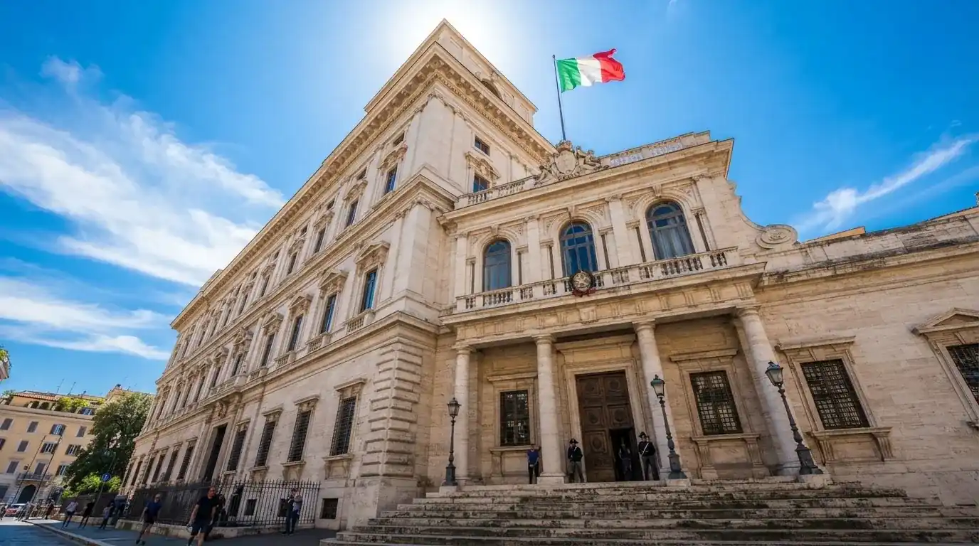 Un edificio governativo italiano con bandiera al vento fotografato dal basso in una giornata di sole.