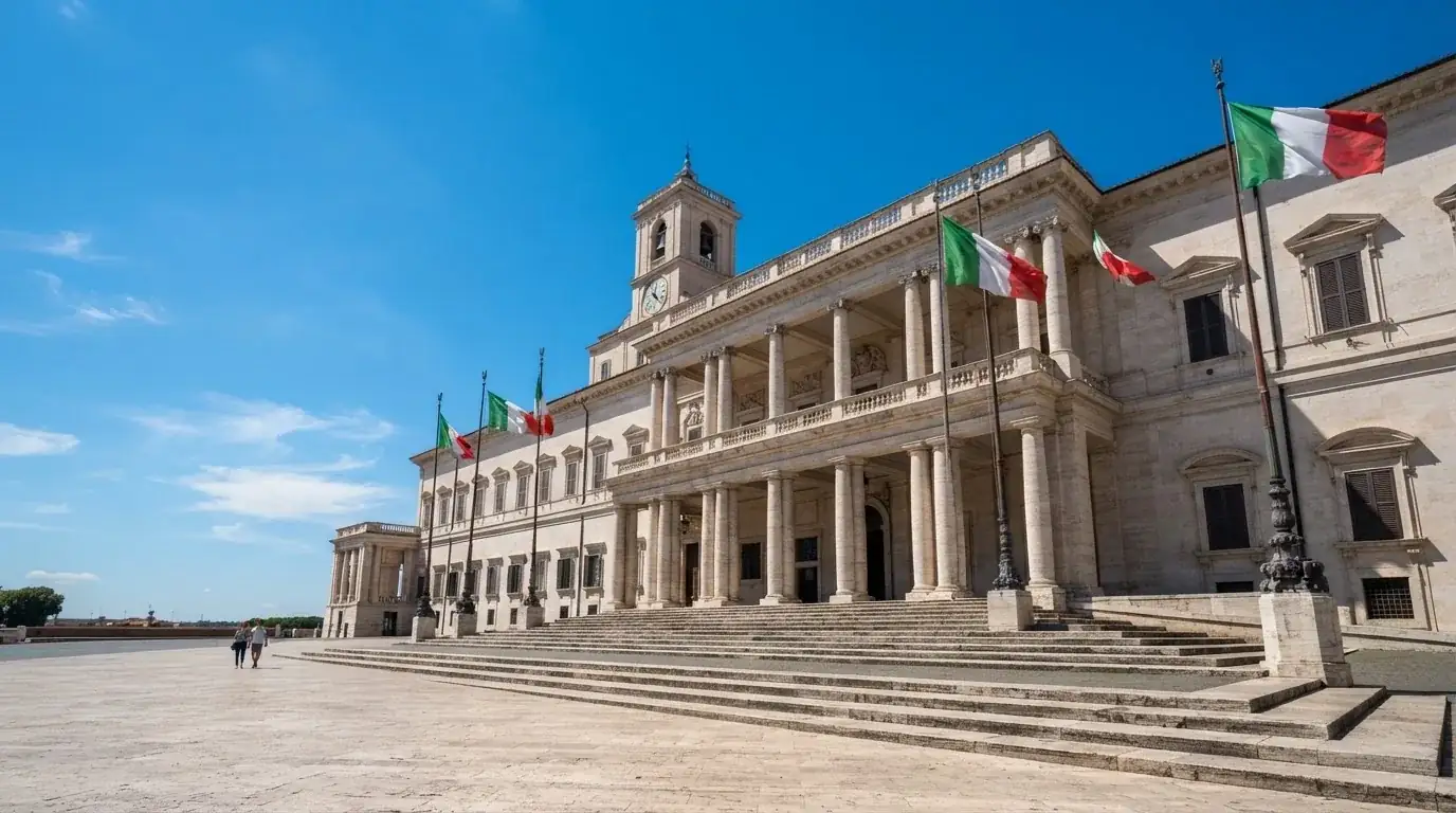 Palazzo istituzionale con bandiere al vento in una piazza soleggiata — casino non aams che accettano postepay