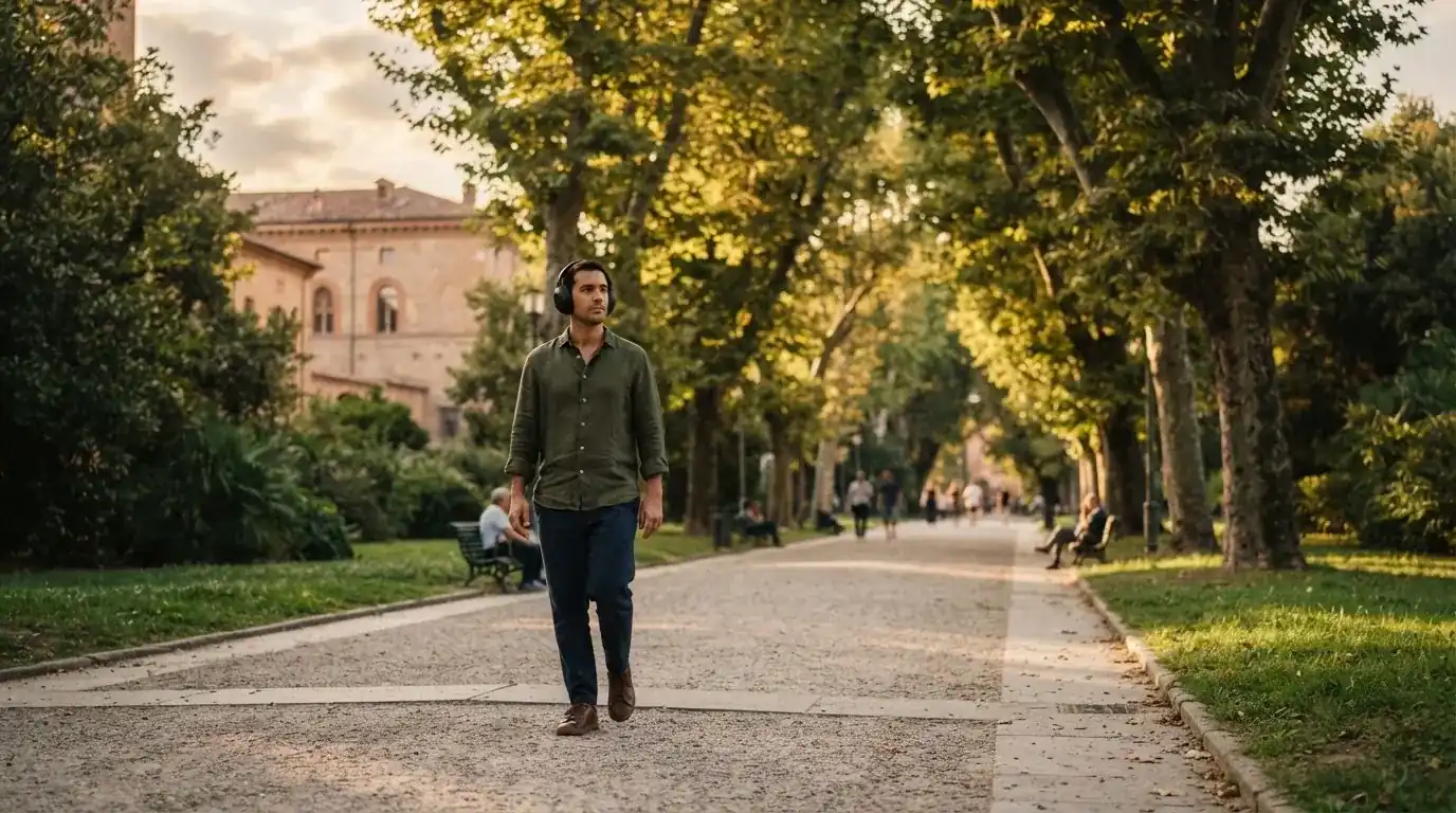 Un uomo cammina all'aperto in un parco cittadino indossando cuffie, lontano da qualsiasi dispositivo elettronico acceso.