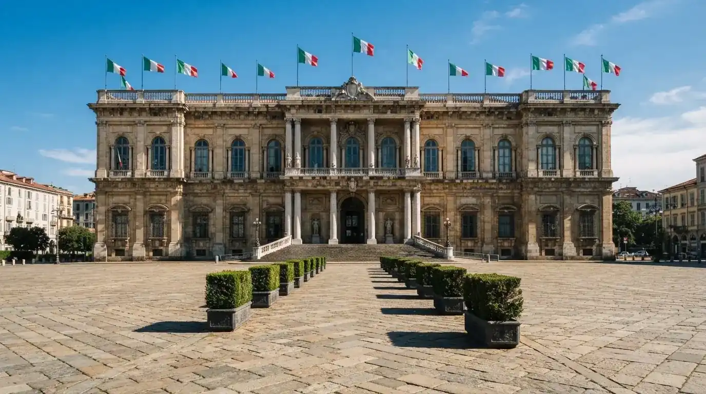 Palazzo istituzionale con bandiere al vento in una piazza soleggiata — casino online con algoritmo unbiased