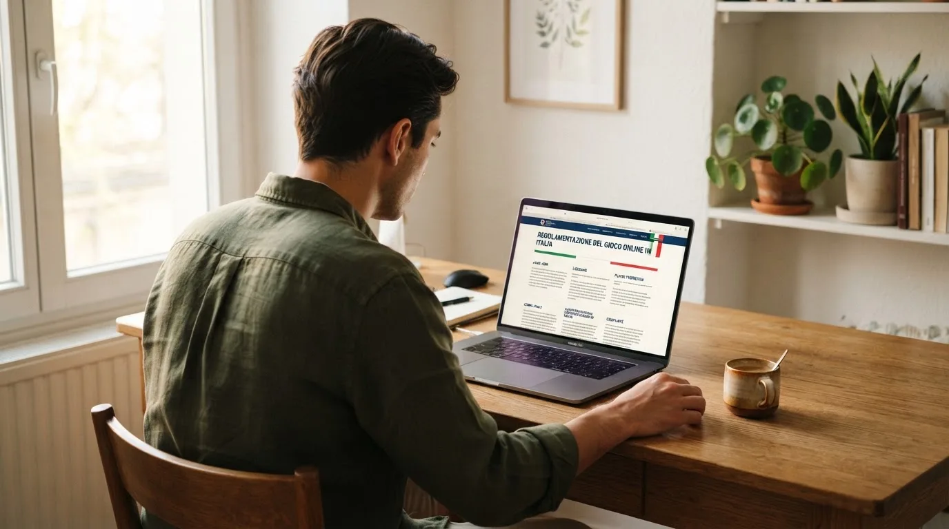 Persona davanti a un portatile che legge una pagina informativa sul gioco online in Italia — casino online con bonus crab