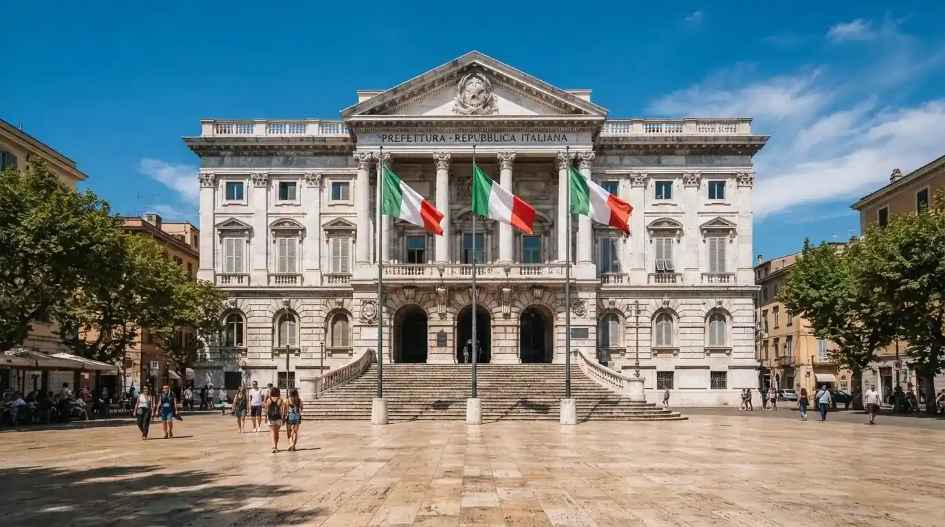 Palazzo istituzionale con bandiere al vento in una piazza soleggiata — casino online con bonus crab