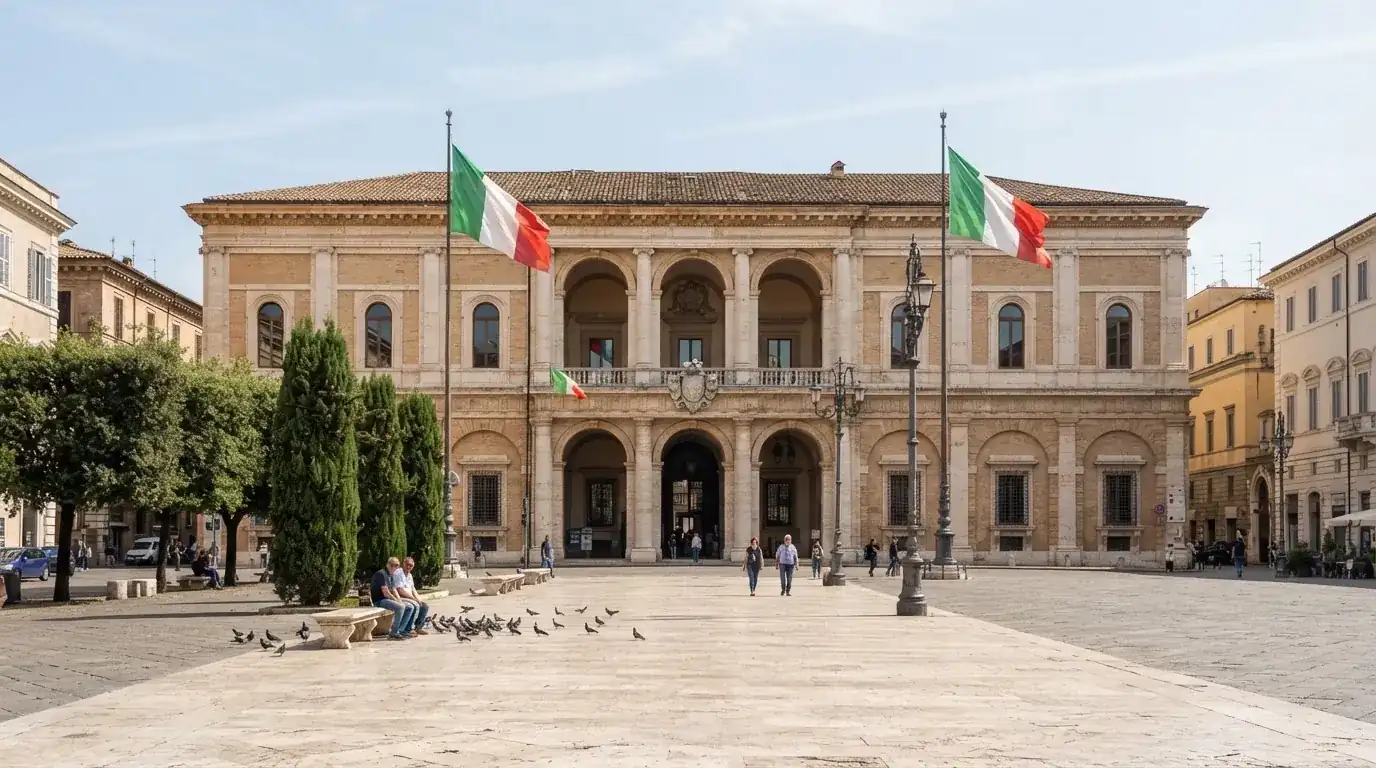 Palazzo istituzionale con bandiere al vento in una piazza soleggiata — casino online con cie