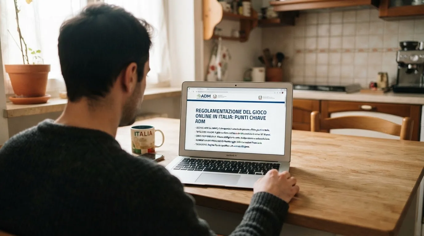 Persona davanti a un portatile che legge una pagina informativa sul gioco online in Italia — casino online con soldi finti