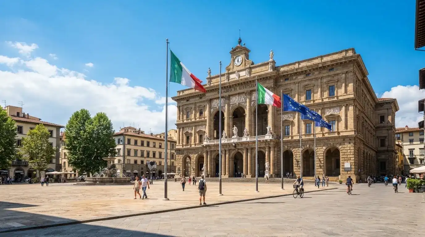 Palazzo istituzionale con bandiere al vento in una piazza soleggiata — casino online con soldi finti