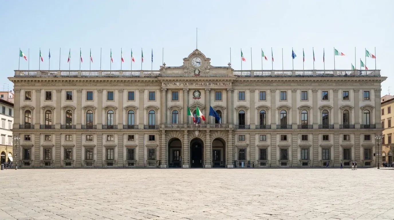 Palazzo istituzionale con bandiere al vento in una piazza soleggiata — casino online italiani senza autoesclusione