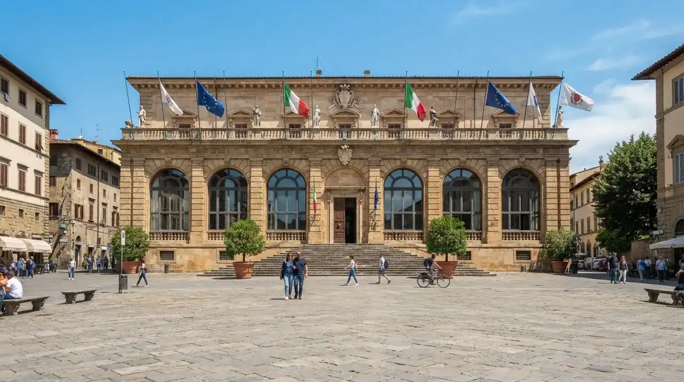 Palazzo istituzionale con bandiere al vento in una piazza soleggiata — casino online senza registrazione