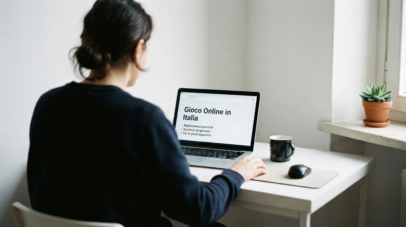 Persona davanti a un portatile che legge una pagina informativa sul gioco online in Italia — casino senza codice fiscale