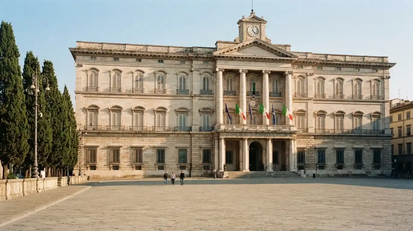 Palazzo istituzionale con bandiere al vento in una piazza soleggiata — casino senza codice fiscale