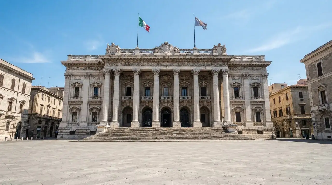 Palazzo istituzionale con bandiere al vento in una piazza soleggiata — casinò slot machines con rtp alto